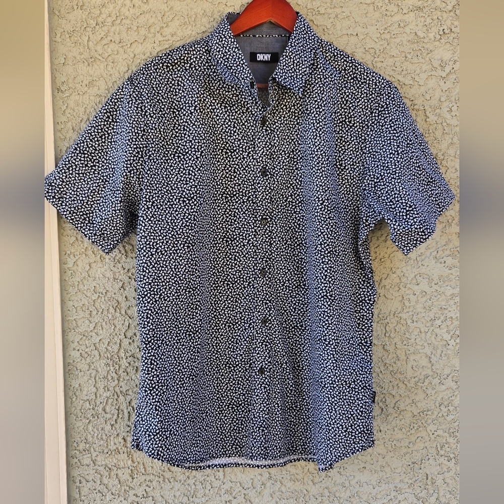 DKNY Black White Pattern Logo Button Down Shirt